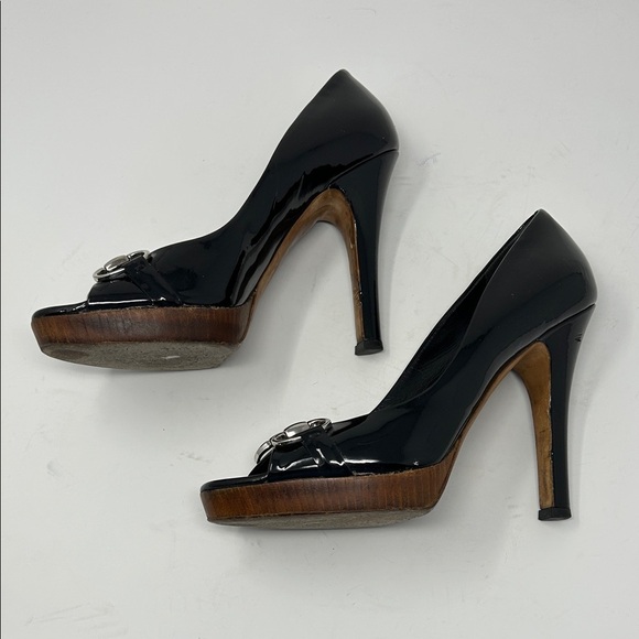 GUCCI Black Patent Leather Peep Toe Pumps Tom Ford Era Horsebit, Size 9B 0062 - Picture 5 of 16